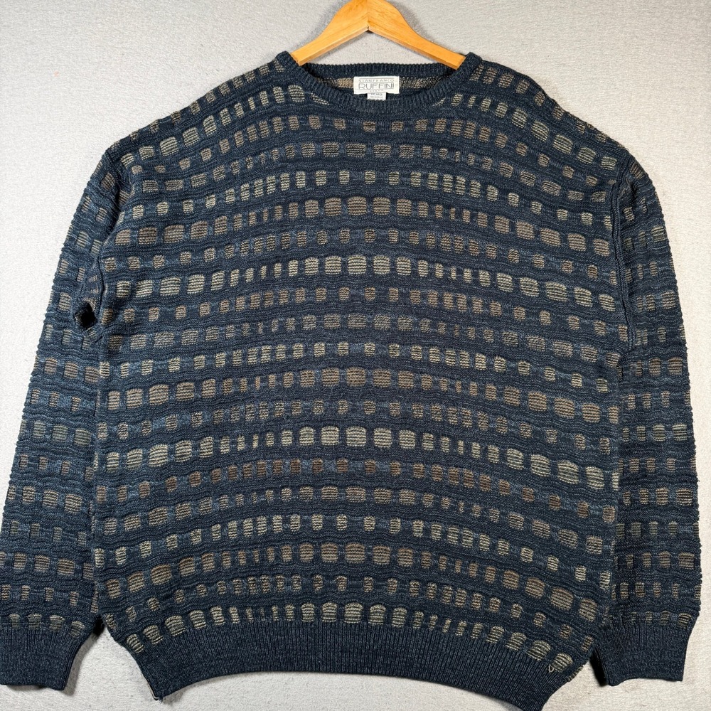Vintage Gianfranco Ruffini Men XXL Blue Brown Textured Knit Sweater Grampa Italy